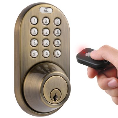 MiLocks XF-02AQ Digital Deadbolt Door Lock with Keyless Entry via Remote Control and Keypad Code for Exterior Doors, Antique Brass