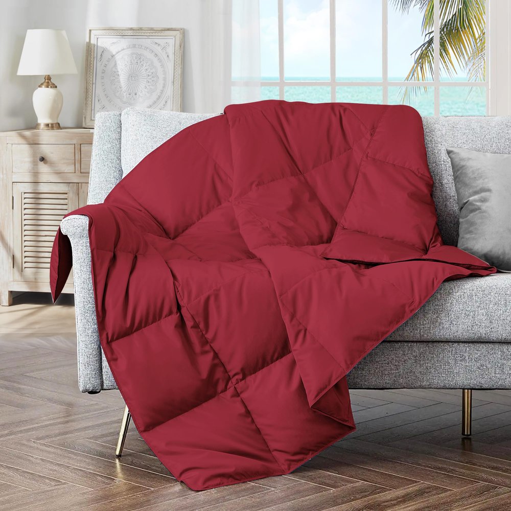 puredown Soft Feather Down Throw Blanket Lightweight Packable Couch Throw for Indoor and Outdoor Use, Throw 50"X70", Wine