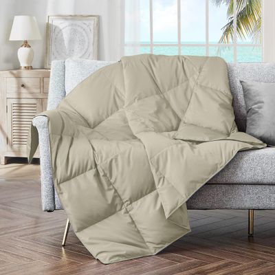 puredown Soft Feather Down Throw Blanket Lightweight Packable Couch Throw for Indoor and Outdoor Use, Throw 50"X70", Beige
