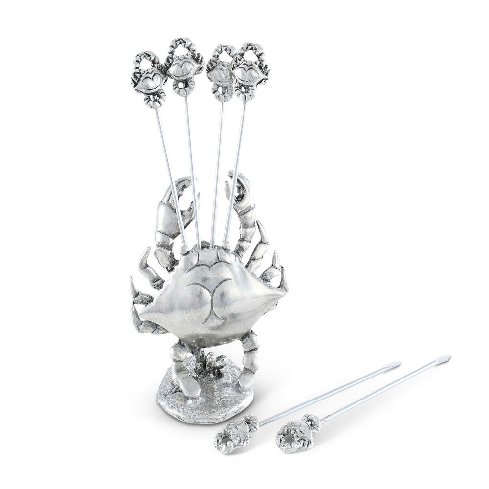 Vagabond House Pewter Metal Nautical/Ocean Blue Crab Cheese Martini Olive Stainless Steel Pick Set Skewer Fruit Toothpicks Ocean Coastal Dcor (6 picks) 4 inch Tall