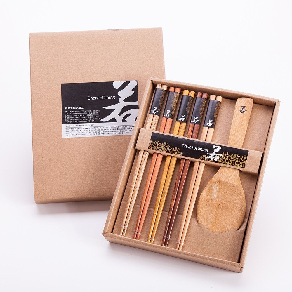 5 Pairs Natural Wood Chopsticks and 1 Moso Bamboo Rice Paddle Gift Set
