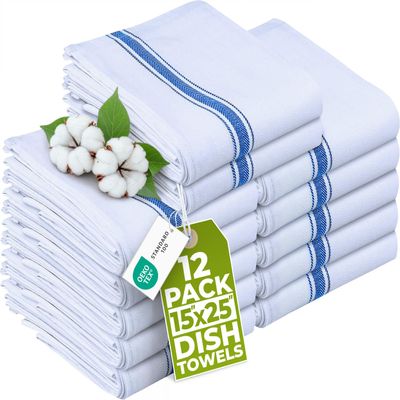 Utopia Towels Blue Dish Towels [12 Pack - 15 x 25 Inches] 100% Ring Spun Cotton Highly Absorbent & Reusable Cleaning Bar, Tea, Kitchen and Dishcloths Set - 200 GSM