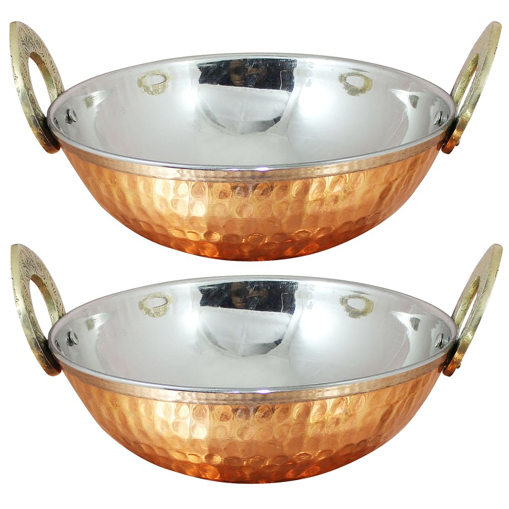 SKAVIJ Hammered Style Heat Insulated Bowl Set Copper Stainless Steel Serving Karahi (17 Ounce, Pack of 2)