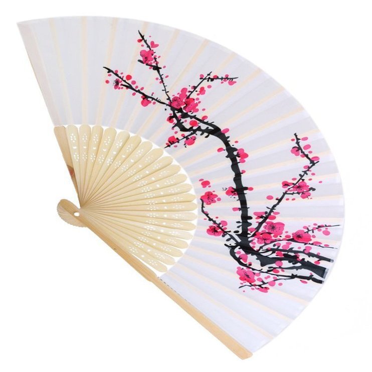 Fashioncraft Delicate Cherry Blossom Design Silk Folding Fan, 8.25 Inch , White with Pink/Black