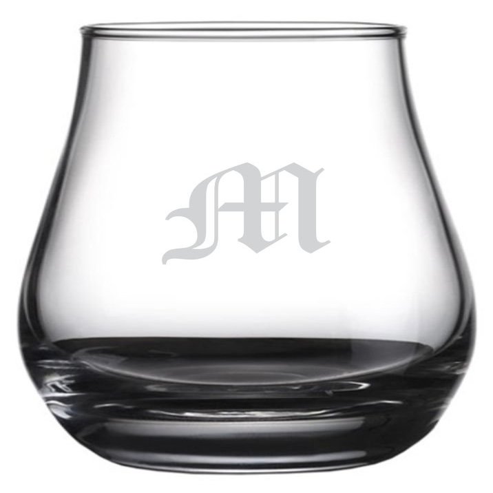 Old English Etched Monogram Spey Dram Whisky Tasting Glass Letter M