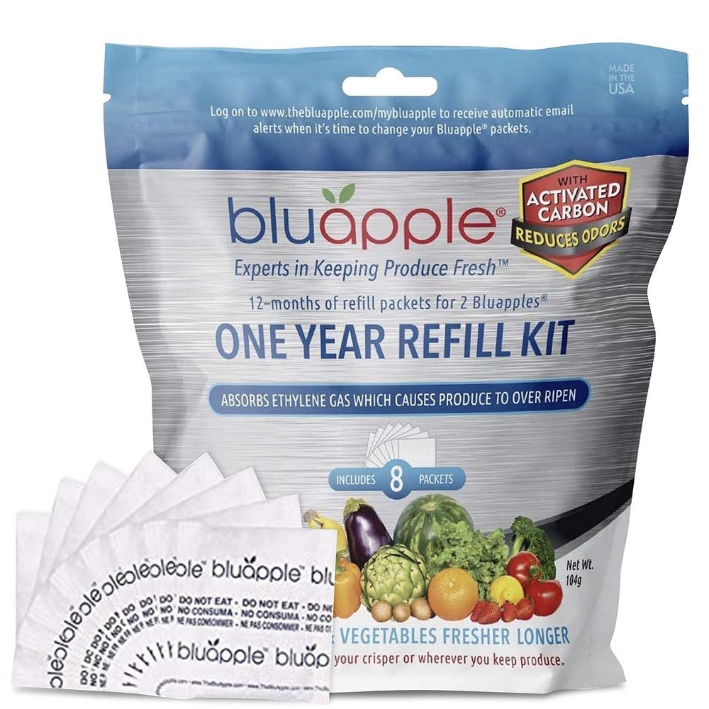 Bluapple Produce Saver Ethylene Gas Absorber 1 Year Refill Kit with Activated Carbon - 8 Packets (9 Grams Classic + 4 Grams of Carbon Each) - Keeps Fruits & Vegetables Fresher Longer, Produce Storage
