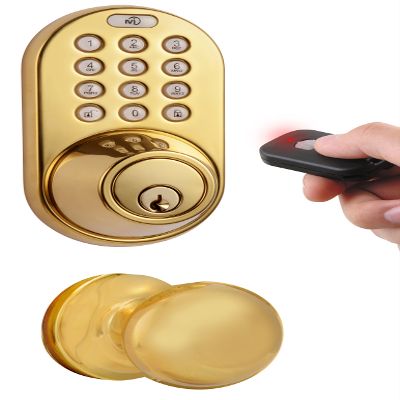 MiLocks XFK-02P Digital Deadbolt Door Lock and Passage Knob Combo with Keyless Entry via Remote Control and Keypad Code for Exterior Doors, Polished Brass