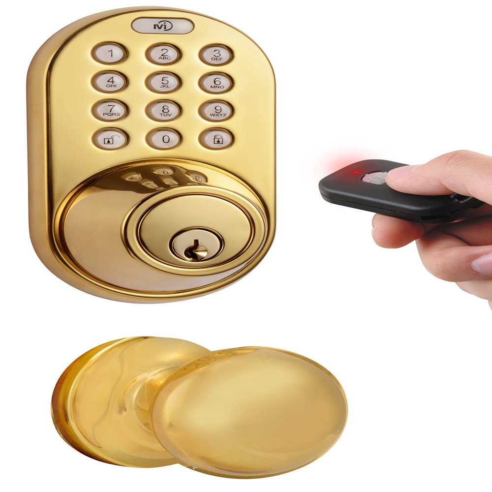 MiLocks XFK-02P Digital Deadbolt Door Lock and Passage Knob Combo with Keyless Entry via Remote Control and Keypad Code for Exterior Doors, Polished Brass