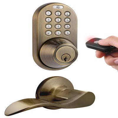 MiLocks XFL-02AQ Digital Deadbolt Door Lock and Passage Lever Handle Combo with Keyless Entry via Remote Control and Keypad Code for Exterior Doors, Antique Brass