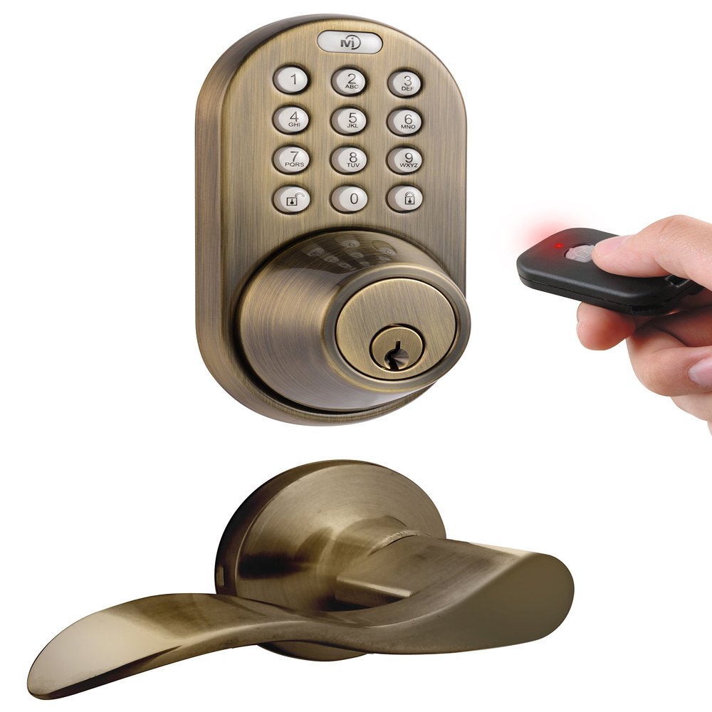 MiLocks XFL-02AQ Digital Deadbolt Door Lock and Passage Lever Handle Combo with Keyless Entry via Remote Control and Keypad Code for Exterior Doors, Antique Brass