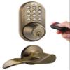 MiLocks XFL-02AQ Digital Deadbolt Door Lock and Passage Lever Handle Combo with Keyless Entry via Remote Control and Keypad Code for Exterior Doors, Antique Brass view 1