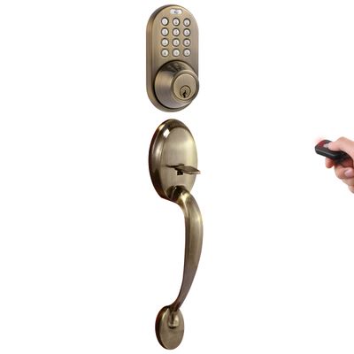 MiLocks BXF-02AQ Digital Deadbolt Door Lock and Passage Handleset Combo with Keyless Entry via Remote Control and Keypad Code for Exterior Doors, Antique Brass