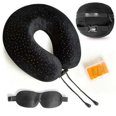Aeris Memory Foam Travel Pillow for Airplanes - Best Airplane Neck Pillow for Long Flights - Plane Accessories Carry Bag to Save Space, Ear Plugs and Eye Mask - Perfect Flight Set & Gift