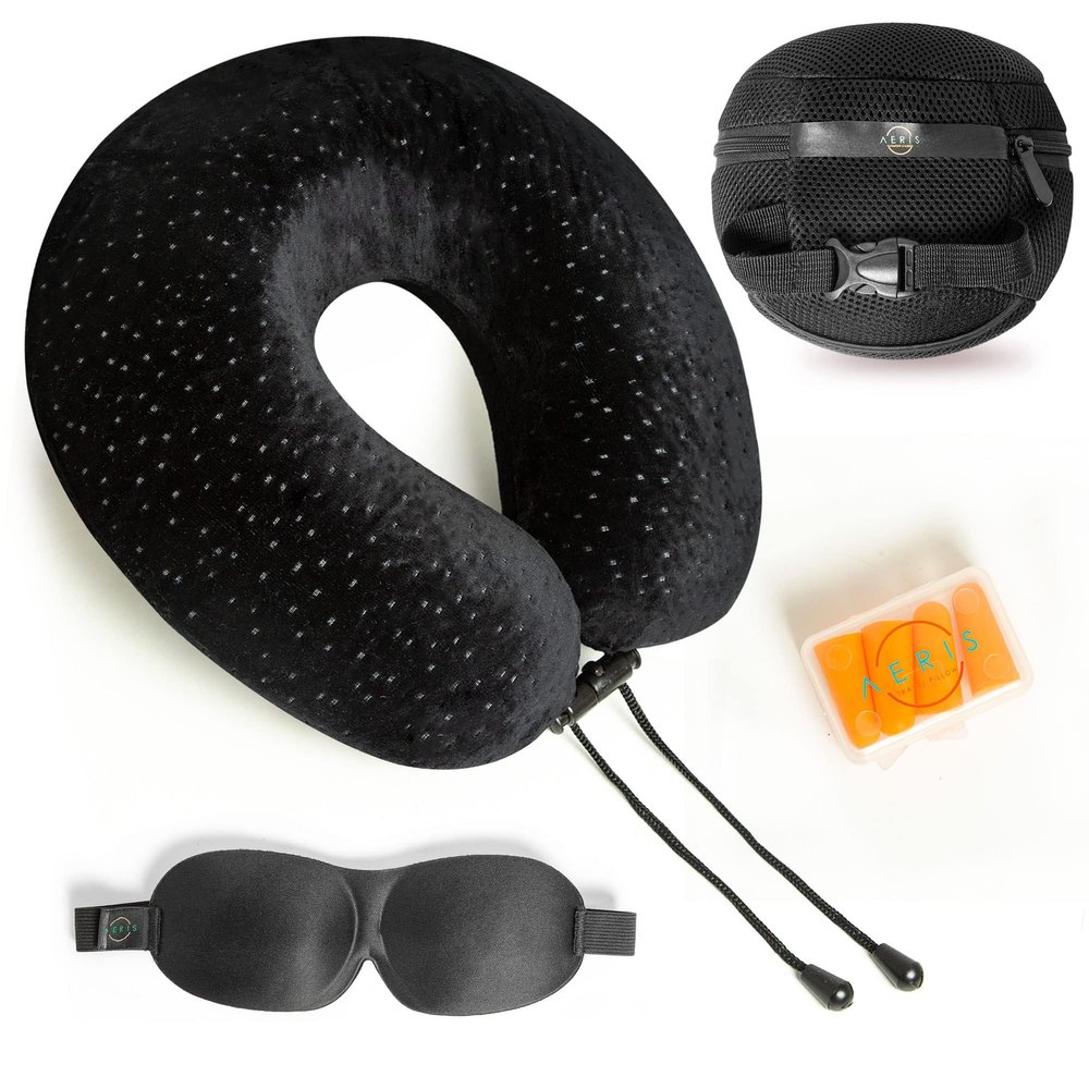 Aeris Memory Foam Travel Pillow for Airplanes - Best Airplane Neck Pillow for Long Flights - Plane Accessories Carry Bag to Save Space, Ear Plugs and Eye Mask - Perfect Flight Set & Gift