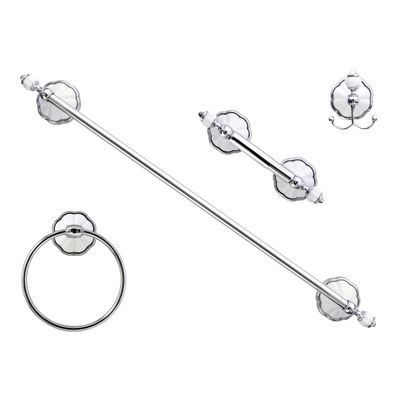 MODONA Four Piece Bathroom Accessories Set, Includes 24 Towel Bar, Robe Hook, Towel Ring, and Toilet Paper Holder White Porcelain & Chrome - Flora Series - 5 Year Warrantee