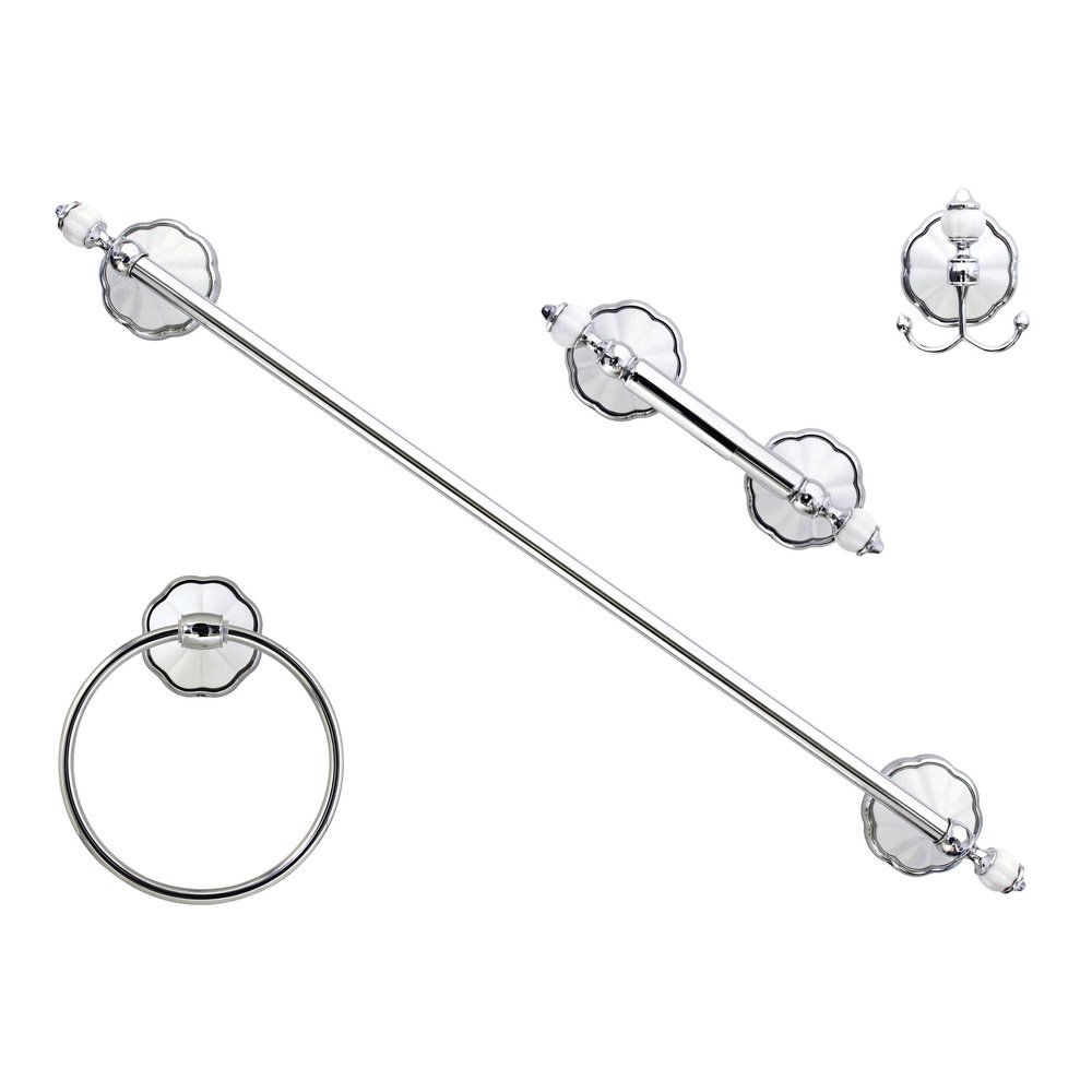 MODONA Four Piece Bathroom Accessories Set, Includes 24 Towel Bar, Robe Hook, Towel Ring, and Toilet Paper Holder White Porcelain & Chrome - Flora Series - 5 Year Warrantee