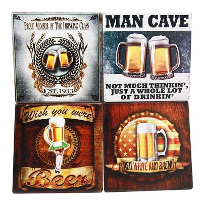Assorted Beer Lovers Man Cave Brewery Tankard Logo Ceramic Coaster Set of Four Tiles With Cork Backing