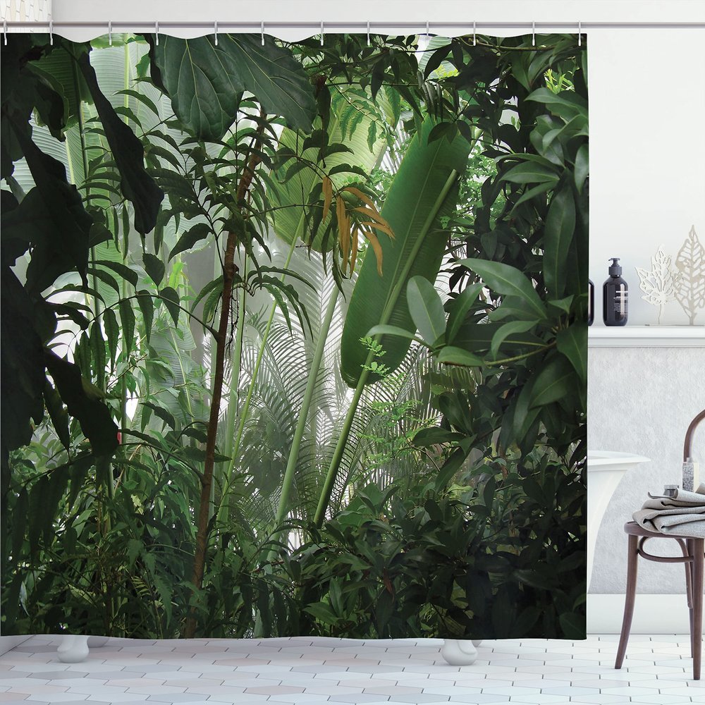 Ambesonne Rainforest Shower Curtain, Tropical Rainforest Preservation Humidity Palm Tree Wild Environment Misty Nature, Cloth Fabric Bathroom Decor Set with Hooks, 69" W x 70" L, Forest Green