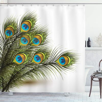 Ambesonne Peacock Shower Curtain, Male Bird Ferns Feathers Symbol a Mystical Creature of The Universe Inspired by Nature Illustration, Cloth Fabric Bathroom Set with Hooks, 69" W x 70" L, White Green