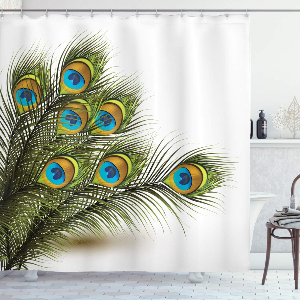 Ambesonne Peacock Shower Curtain, Male Bird Ferns Feathers Symbol a Mystical Creature of The Universe Inspired by Nature Illustration, Cloth Fabric Bathroom Set with Hooks, 69" W x 70" L, White Green
