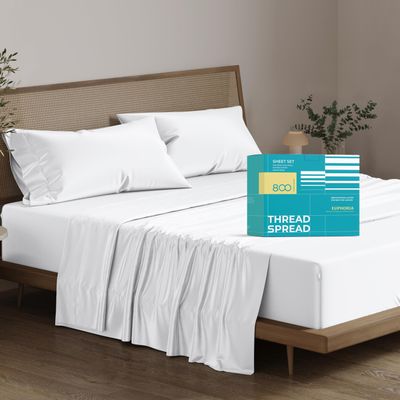 THREAD SPREAD 100% Egyptian Cotton Sheets King Size - 4 PC 800 High Thread Count Egyptian Cotton King Size Bed Sheets Set (White), Soft, Cooling, 16" Deep Pocket Sateen Weave Luxury Hotel Bedsheet