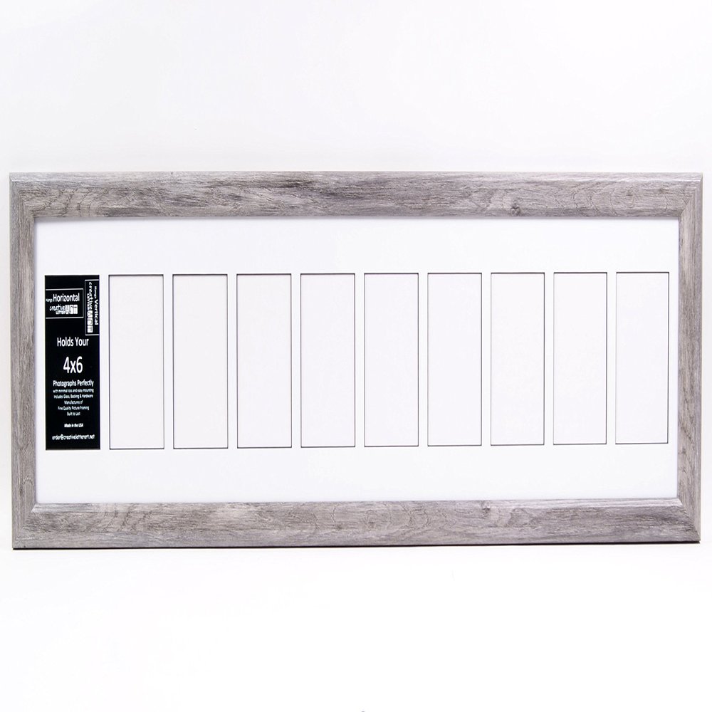 Creative Letter Art [10x40 10 Opening Glass Face Driftwood Like Picture Frame to hold 4 by 6 Photographs including 10 by 40 inch White Mat Collage