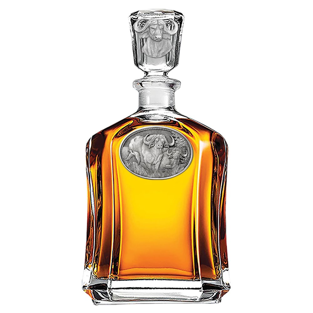 Heritage Pewter Cape Buffalo Capitol Decanter | 24 OZ Whiskey Decanter for Liquor with Airtight Stopper | Expertly Crafted Pewter Glass