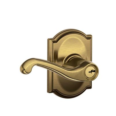 SCHLAGE F51A FLA 609 CAM Flair Lever with Camelot Trim Keyed Entry Lock, Antique Brass