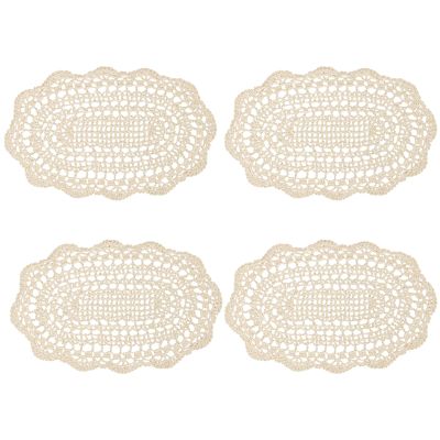 kilofly Crochet Cotton Lace Placemats Doilies 4pc, Oval, Beige, 7.8 x 14 inch