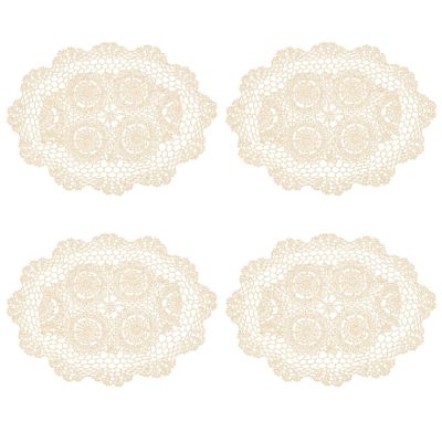 kilofly Crochet Cotton Lace Placemats Doilies 4pc, Oval, Beige, 11.8 x 17.7 inch