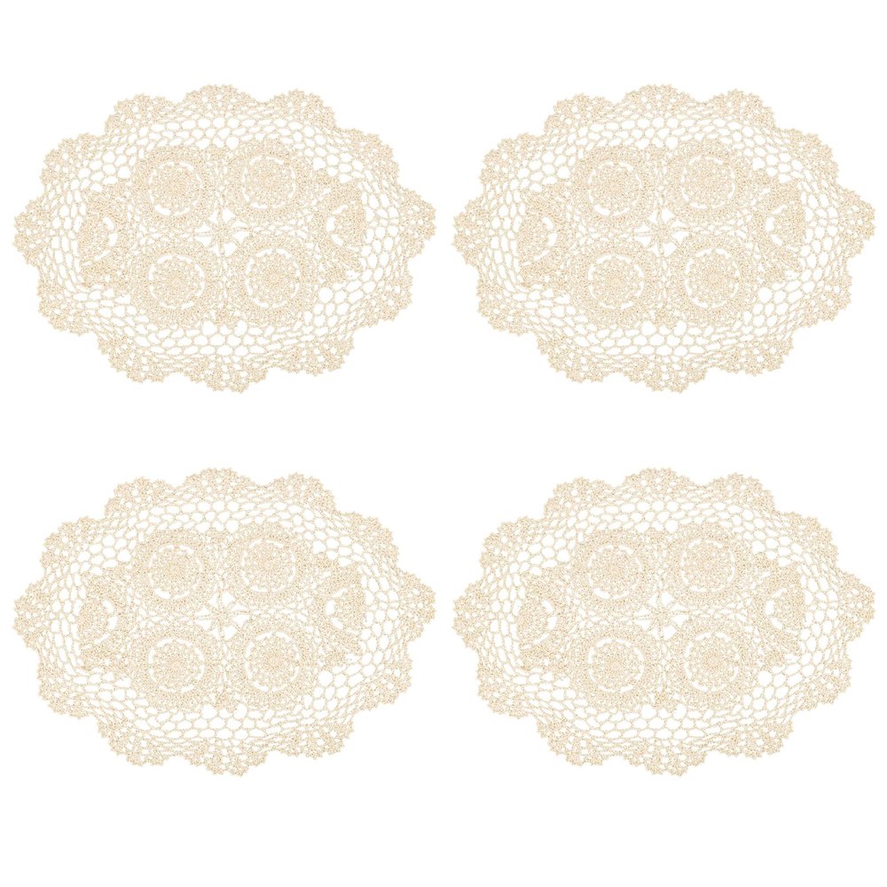 kilofly Crochet Cotton Lace Placemats Doilies 4pc, Oval, Beige, 11.8 x 17.7 inch