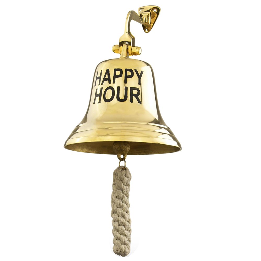 Happy Hour Brass Bell - Large Hanging Bell, Decorative Home Bar Wall Accessories - Outdoor Bar House Decor, Bartender Accessories - Call for Drink Decorations for Home Kitchen Wall Decor - Brass 6"
