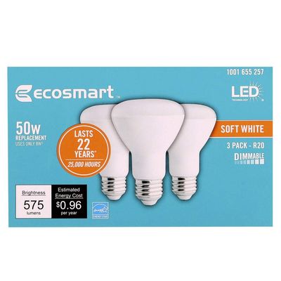 (3-pack) EcoSmart BR20 Soft White LED, Dimmable, 575-Lumen, 2700K, 8-Watt (50-Watt Equivalent) Light Bulb, E26 Medium Base
