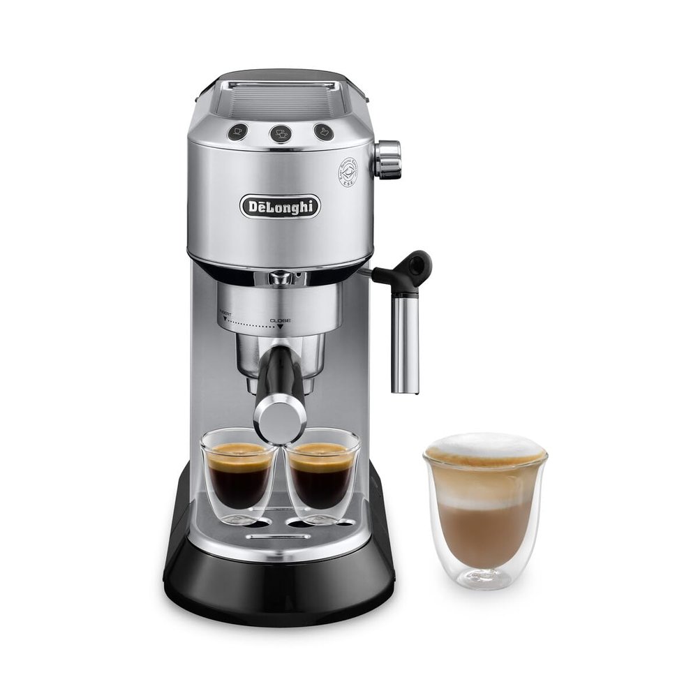 DeLonghi Dedica Espresso Machine with Manual Milk Frother, 15-Bar Pump & Adjustable Tray - Home Barista Coffee Maker for Espresso, Latte, Cappuccino & Iced Coffee - Italian Stainless Steel Design