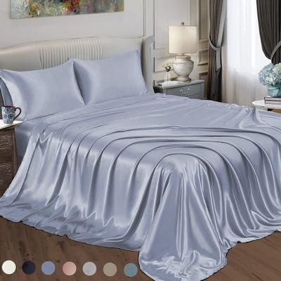 Satin Radiance Soft Satin Silk Sheets Solid Color Deep Pocket Queen Size Satin Bed Sheet Set Cooling And Soft Fitted Satin Bedding + Satin Pillowcase(s) Durable, Breathable, Blue, 4-piece