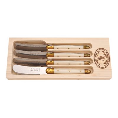 Jean Dubost Laguiole 4-Piece Spreader Set, Ivory Handles - Rust-Resistant Stainless Steel - Includes Wooden Tray - Made in France