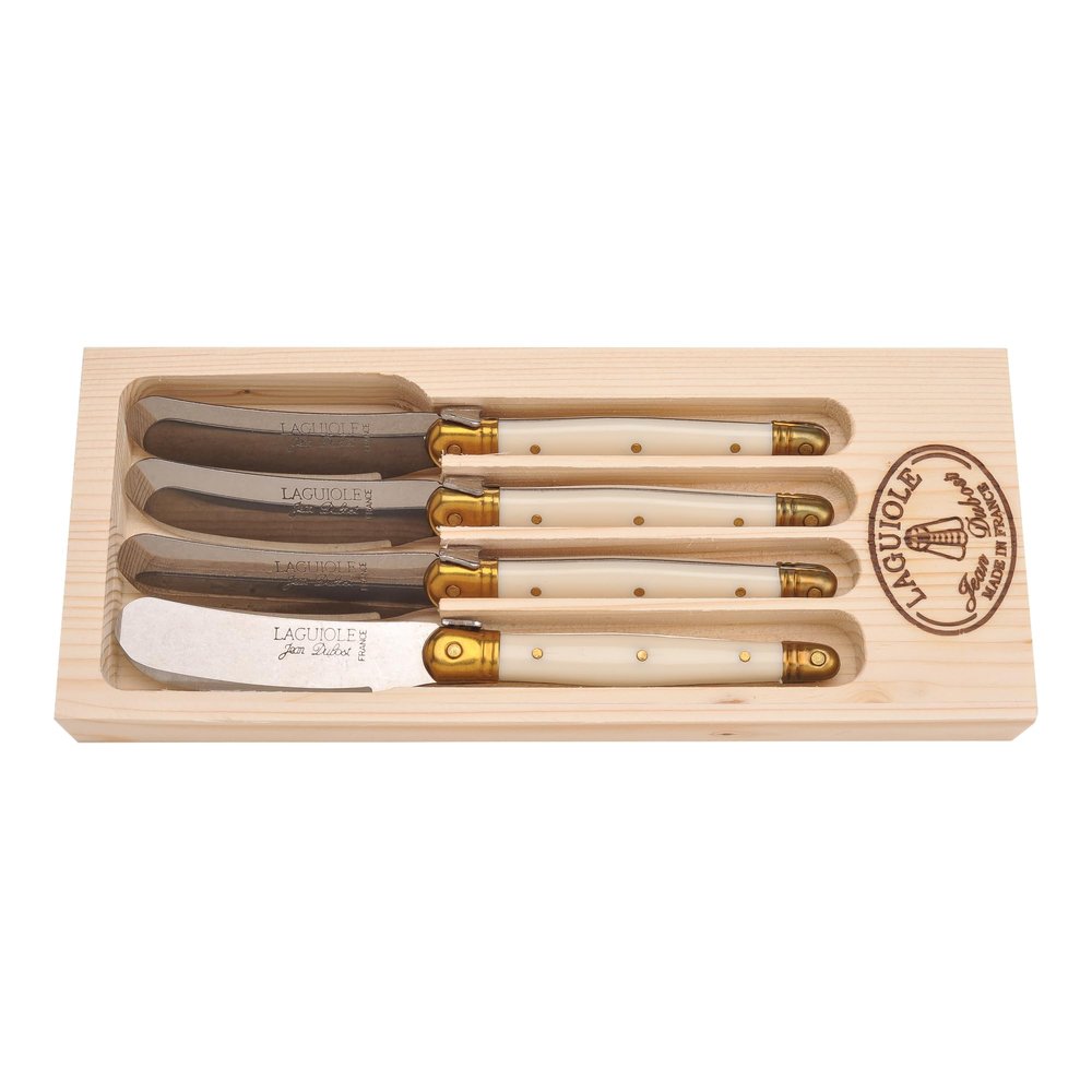 Jean Dubost Laguiole 4-Piece Spreader Set, Ivory Handles - Rust-Resistant Stainless Steel - Includes Wooden Tray - Made in France
