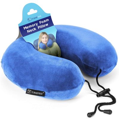 TRAVELREST Travel Essential Neck Pillow Curl - Memory Foam, Washable Micro-Fiber Cover, Soft and Comfortable Head Support for Long Flights, Compact, Attaches to Luggage, Airplanes, Cars, Bus - Blue