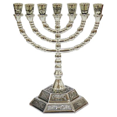 12 Tribes of Israel Jerusalem Temple Menorah Choose from 3 Sizes Gold or Silver (Silver, 5" Inches)