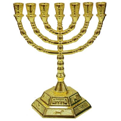 12 Tribes of Israel Jerusalem Temple Menorah Choose from 3 Sizes Gold or Silver (Gold, 8 Inches)
