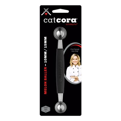 Cat Cora Melon Baller, Professional 18/8 Stainless Steel Dual Blades 10/15-Millimeter for Melon Balls and Garnishes, Ergonomic Soft-Grip Handle