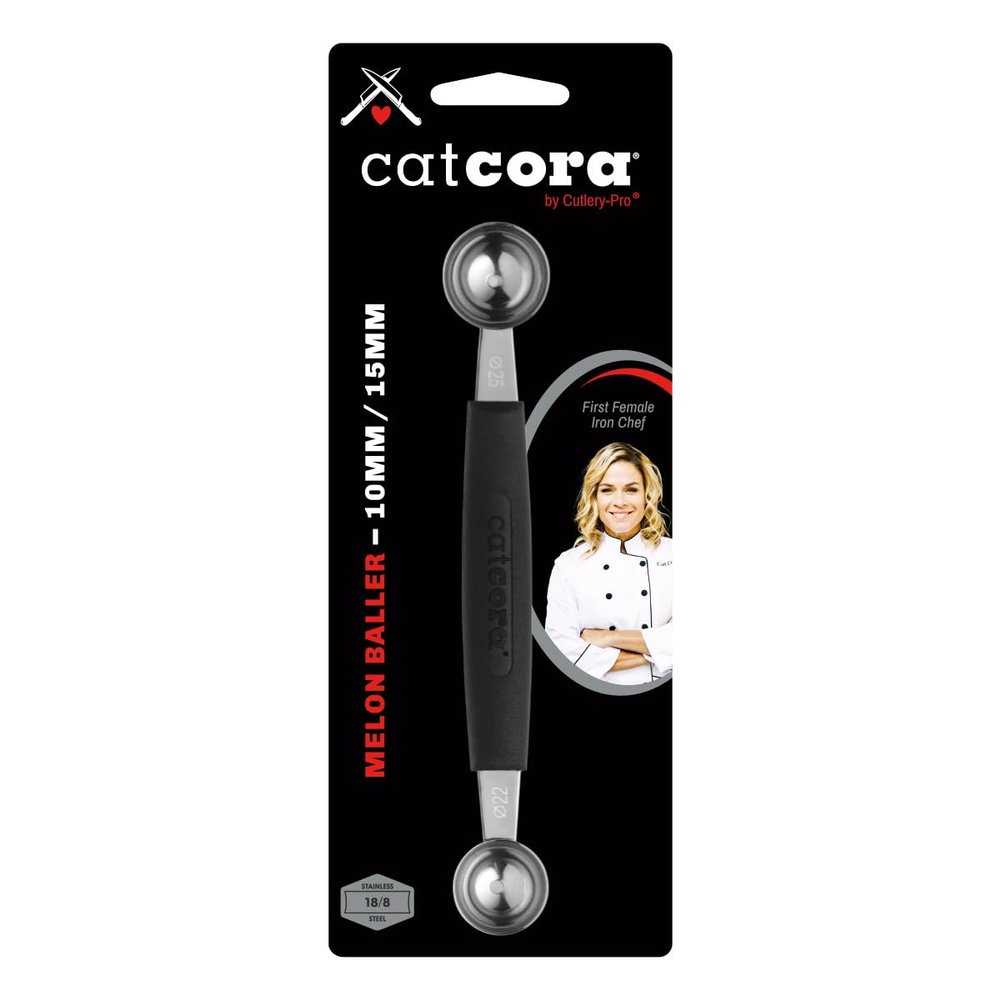Cat Cora Melon Baller, Professional 18/8 Stainless Steel Dual Blades 10/15-Millimeter for Melon Balls and Garnishes, Ergonomic Soft-Grip Handle