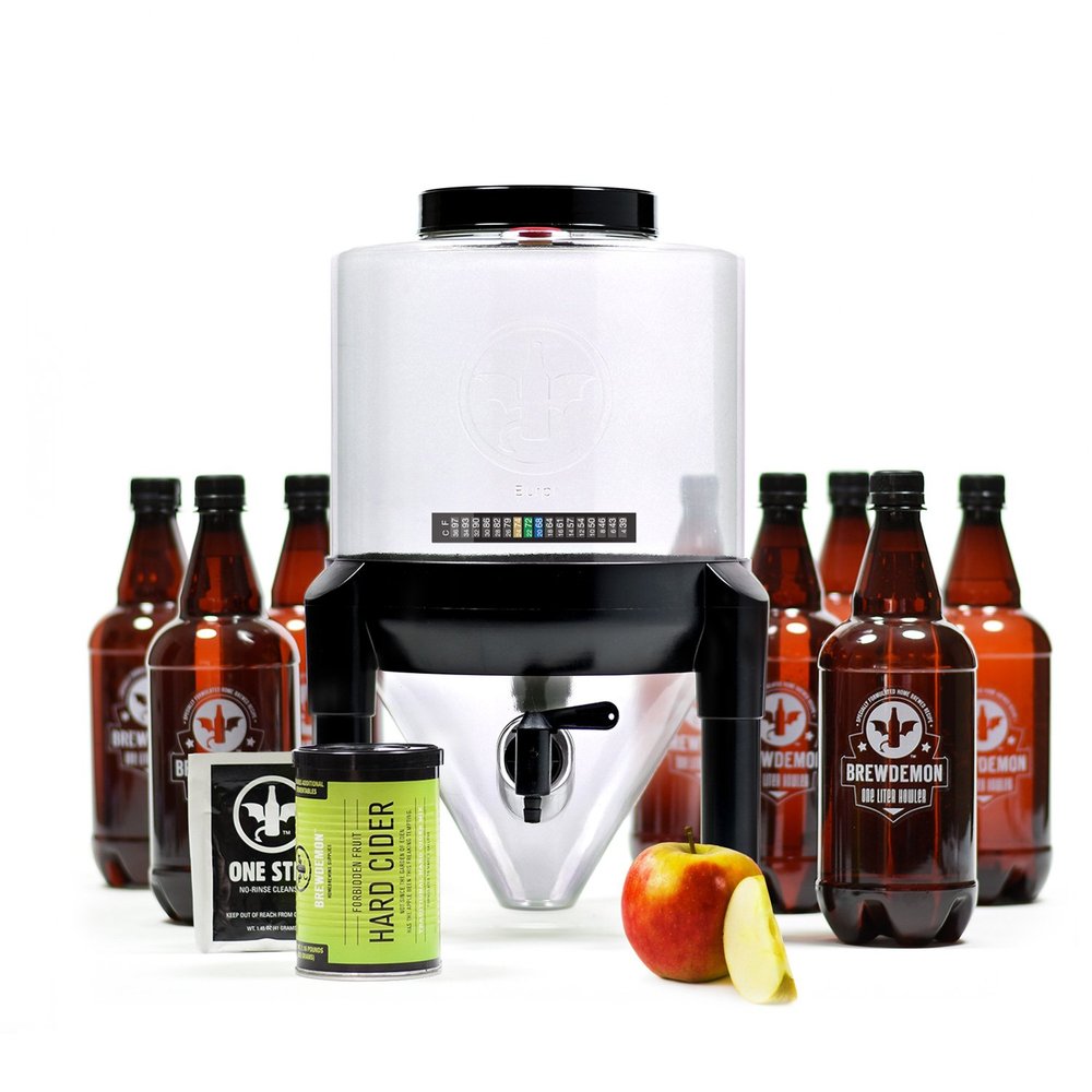 BrewDemon Hard Cider Kit w/Bottles  NO AIRLOCK OR SIPHON REQUIRED  Conical Fermenter Eliminates Sediment and Makes Wicked-Good Home Made Hard Cider - 2 Gal. Hard Cider Recipe included