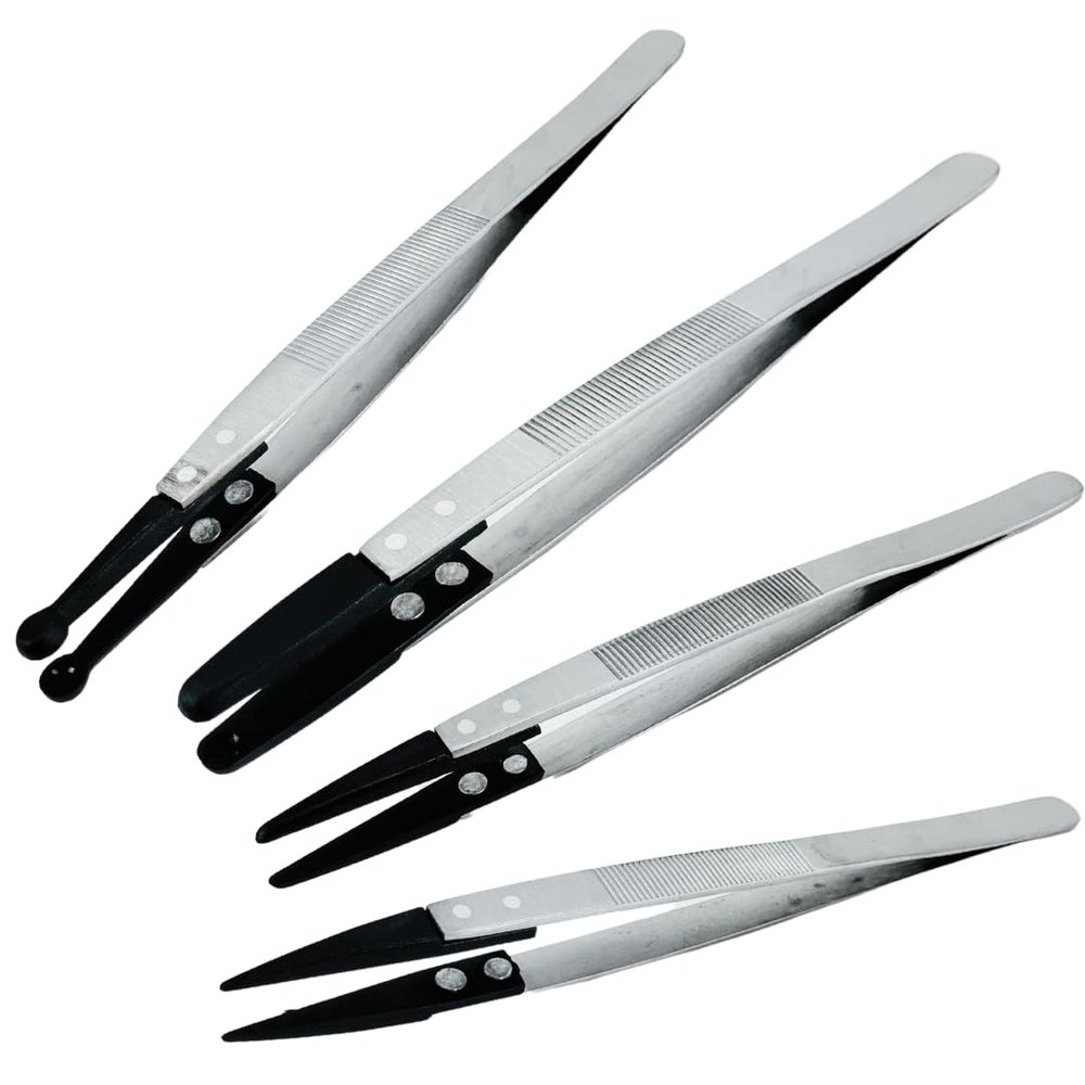 JEWEL TOOL 6.25" (15.9 cm) Plastic Tipped Diamond Holding Tweezers | 4 Piece With Variety of Shapes | Premium Stainless Steel