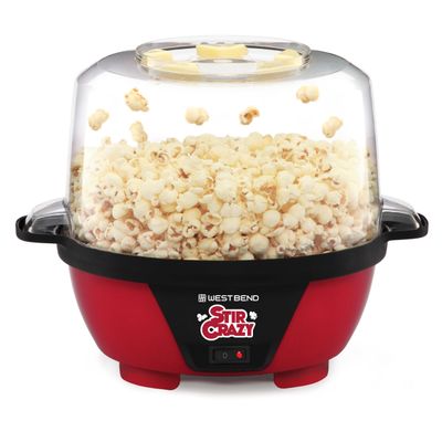 West Bend Stir Crazy Hot Oil Popcorn Popper, Popcorn Maker Machine with Large Serving Bowl Lid and Stirring Rod Perfect for Movie Night Snack Time or Parties, 6-Quart, Red