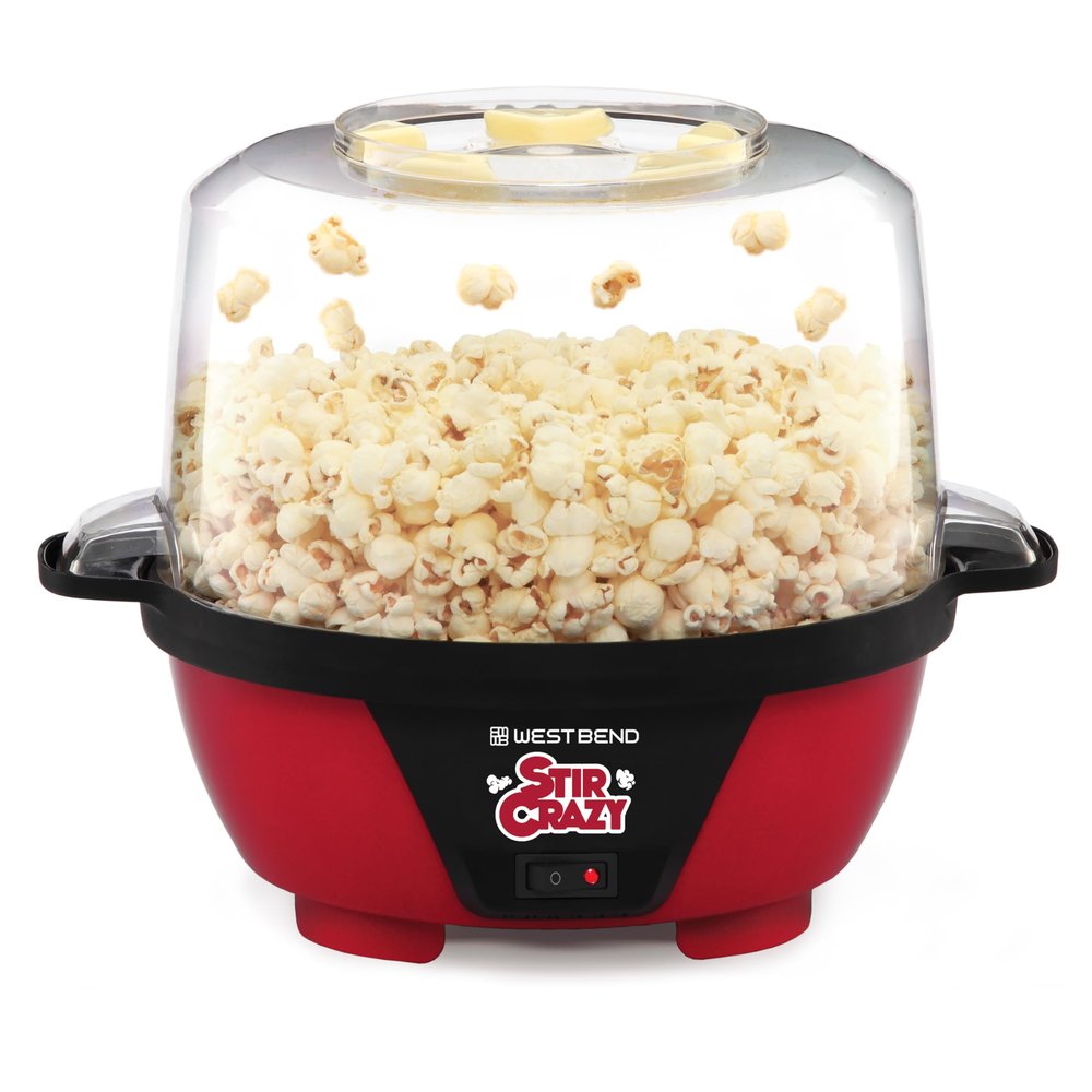 West Bend Stir Crazy Hot Oil Popcorn Popper, Popcorn Maker Machine with Large Serving Bowl Lid and Stirring Rod Perfect for Movie Night Snack Time or Parties, 6-Quart, Red