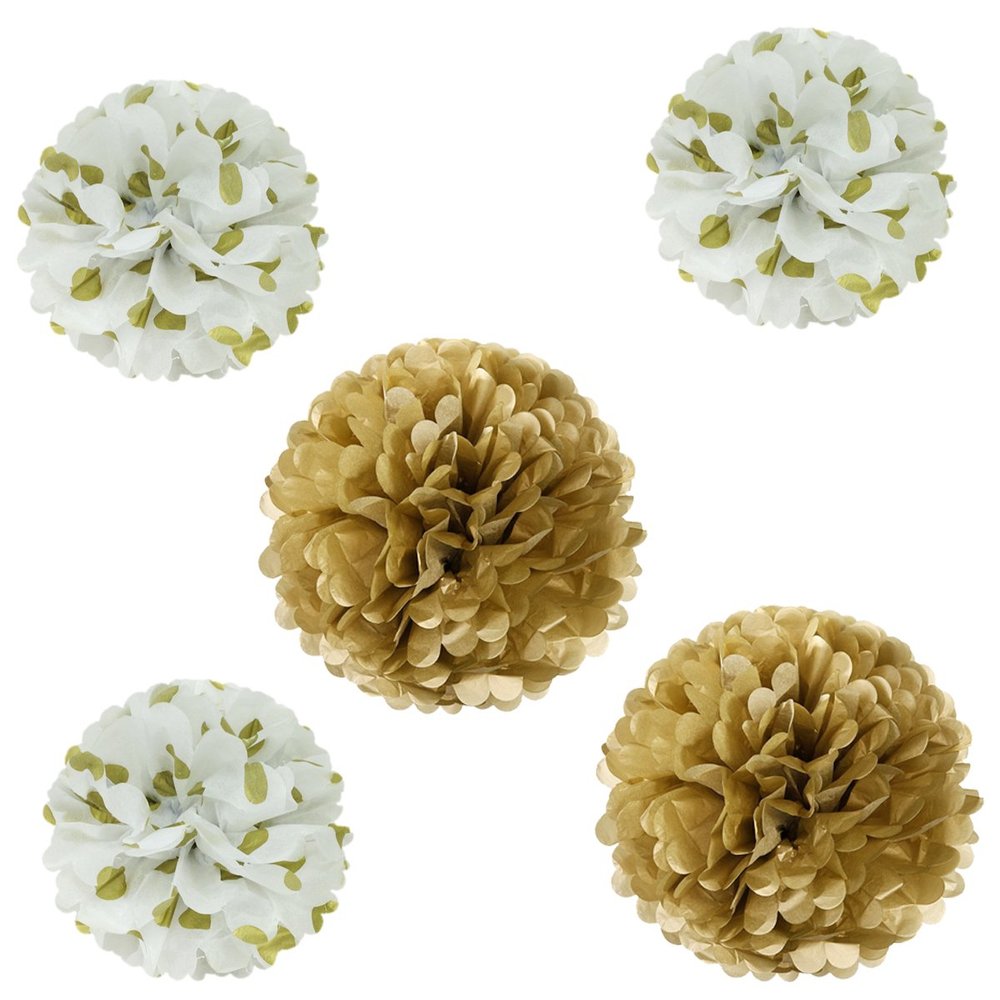 Allydrew 12" & 8" Set of 5 Tissue Pom Poms Party Decorations for Weddings, Birthday Parties Baby Showers and Nursery Dcor, Gold & Polka Dots
