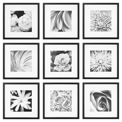 Gallery Perfect 12x12 Picture Frames, 9 Piece Set with Real Glass Cover for 8x8 Photos With Mat, Picture Frames Collage Wall Decor for Gallery Wall, Home Decor, Black