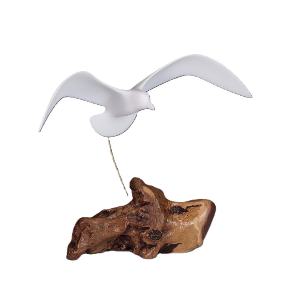 Seagull Sculpture by John Perry 14 inch Wingspan Down-Wing Version Burlwood Base. Signed