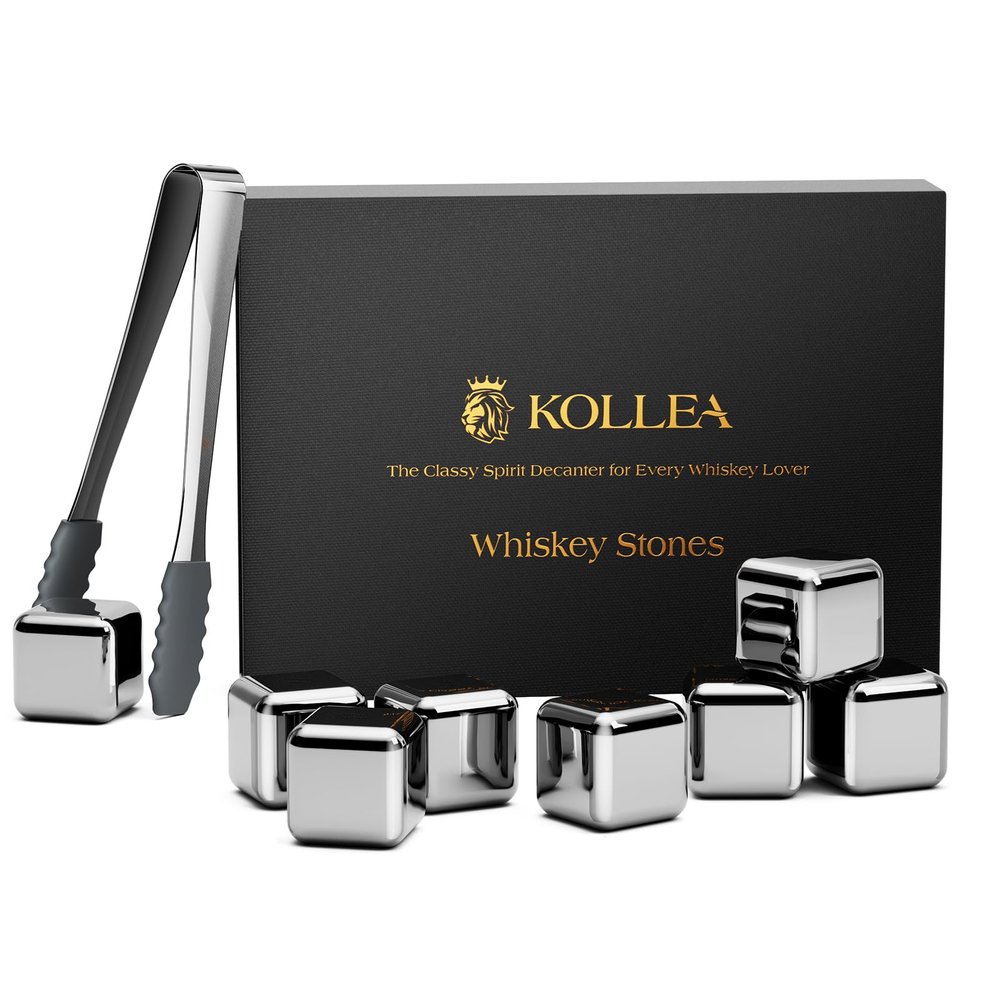 Kollea Whiskey Stones, 8 Packs Stainless Steel Whiskey Chilling Rocks, Reusable Ice Cube for Drinking, Cool Birthday Gift for Men Dad, Boyfriend, Beer Lover, Bourbon, Scotch, Gin, Beverage, New Year
